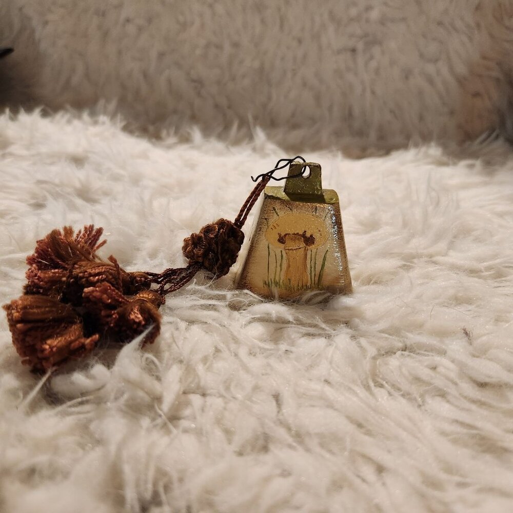 Vintage Hand-Painted Cast Iron Bell With Mushroom Design & Tassel